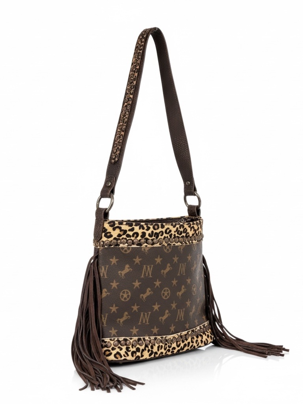 Western Fringe Leopard Cowhide Trim Shoulder Bag Cowgirl Rodeo Montana West